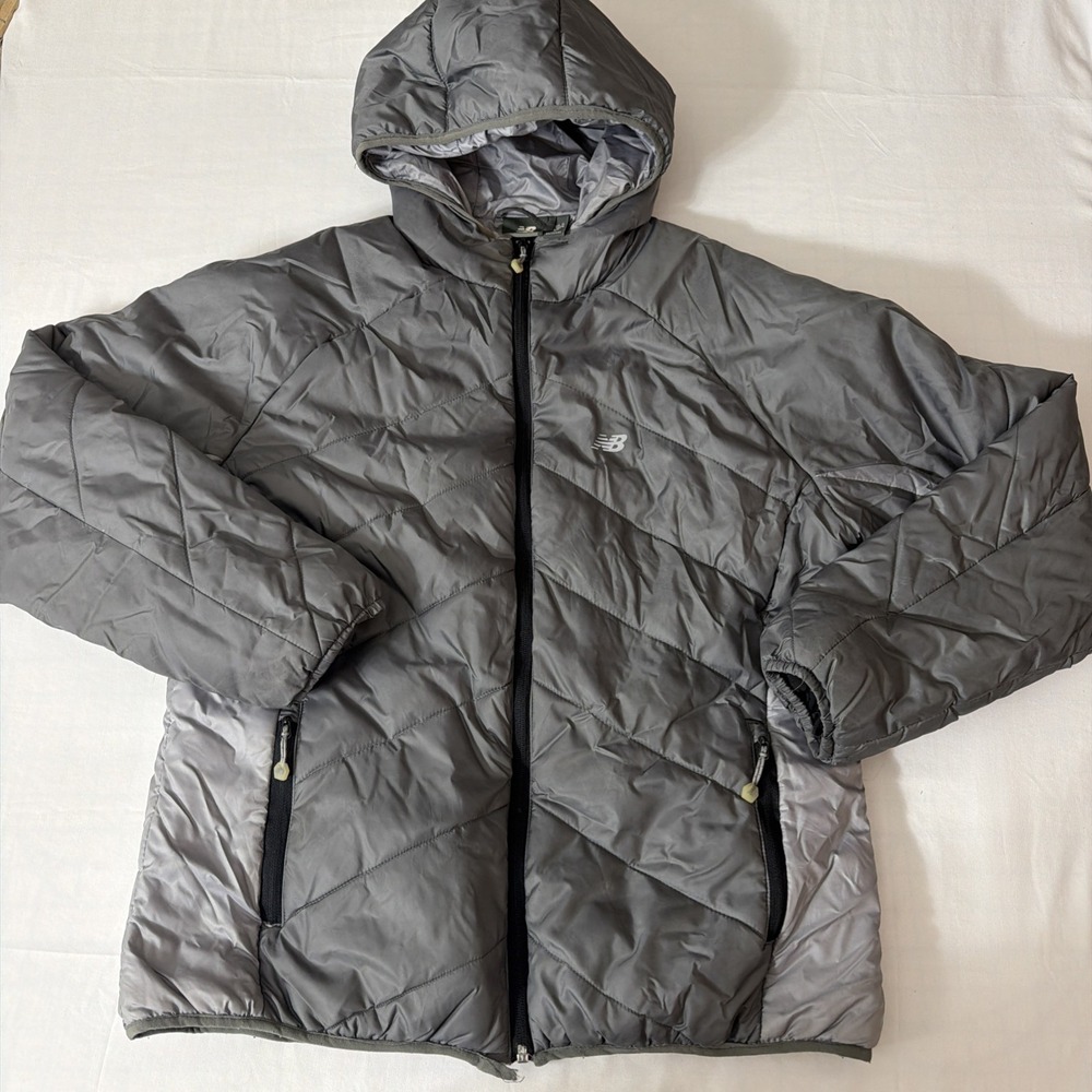 New Balance Coatβ Womens Large Gym Gray Puffer Hooded Running Crossfit Workout